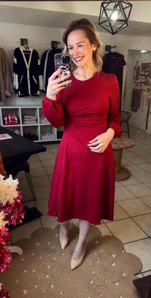Burgundy Ruched Detail Long Sleeve Midi Dress