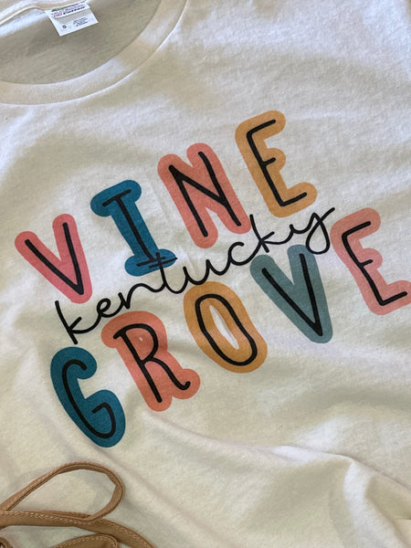 ‘Vine Grove, Kentucky’ Colorful Traced Lettering Tee - T-shirt - Cream - Small Town -  Support Local - Local Community