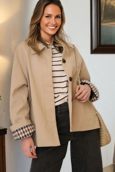 Khaki with Plaid Liner Patchwork Single Breasted Trench Coat