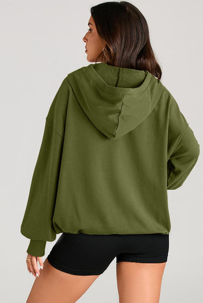 Olive Green Half Zip Hooded Pullover with Toggle Elastic Waist