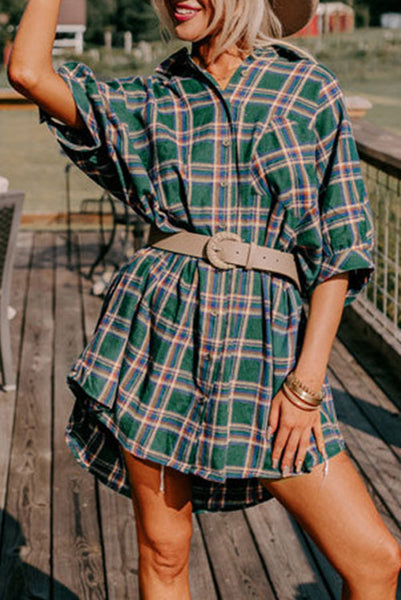 Green Plaid Short Sleeve Tunic Top