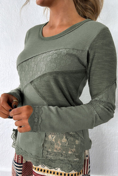 Sage Green Mixed Material Patchwork Long Sleeve Top with Lace Trim