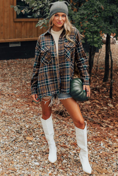 Brown and Green Plaid Button Up Flannel Top