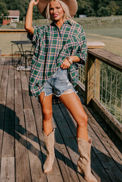 Green Plaid Short Sleeve Tunic Top