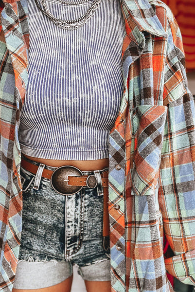 Light Blue Button Up Plaid Flannel Top