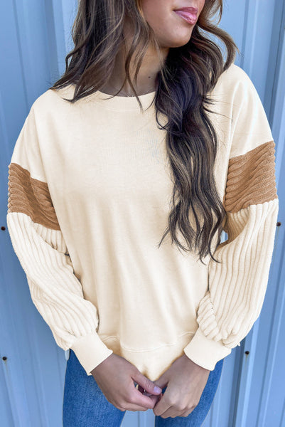 Cream Pullover with Super Soft Corduroy Colorblocking