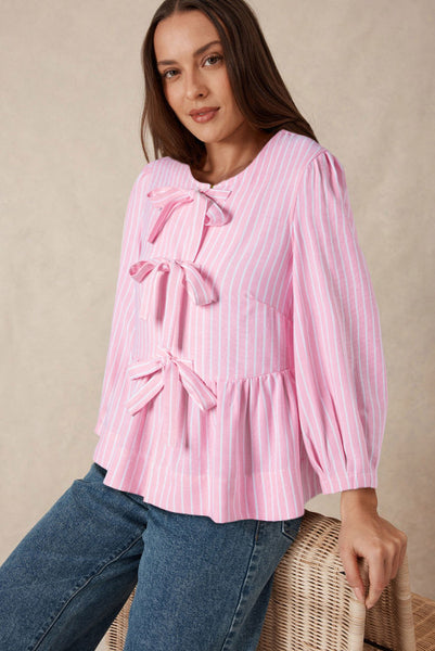 Pink Striped Tie Front Flowy Peplum Top