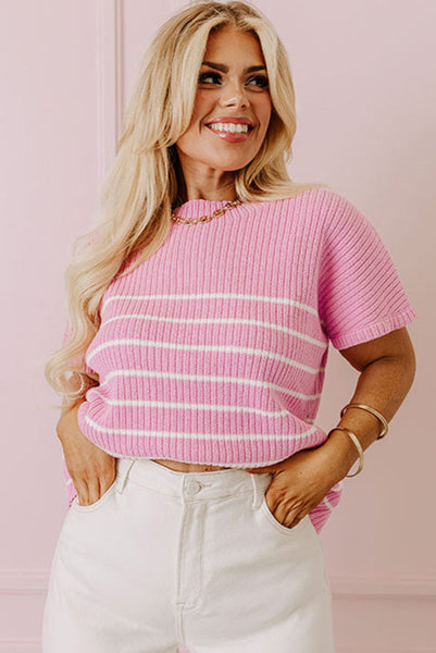 Curvy - Pink and White Ribbed Sweater Knit Top