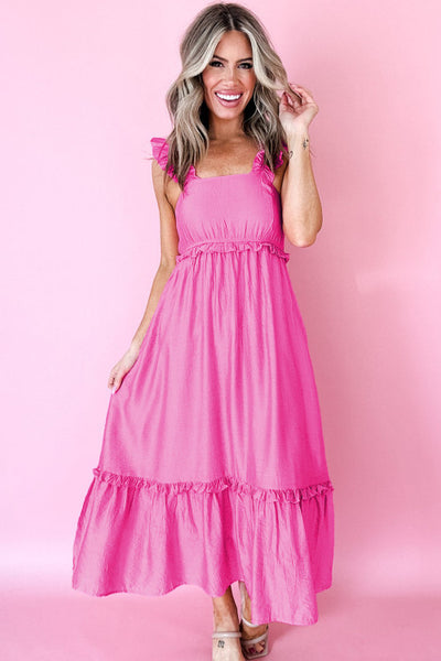 Strawberry Pink Ruffle Trim Midi Dress