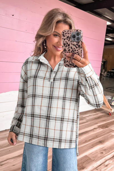 Plaid Long Sleeve Split V-neck Pullover Top with Side Slits