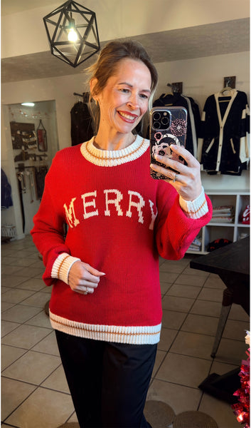 Cozy Red MERRY Sweater with Colorblock Contrast Trim