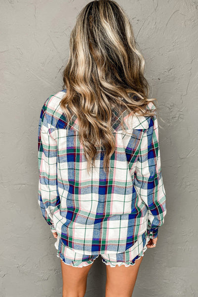 Blue Plaid Long Sleeve Button Up Top and Shorts Pajama Set