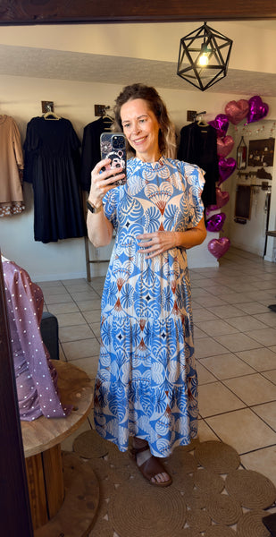 Sky Blue Botanical Print Maxi Dress