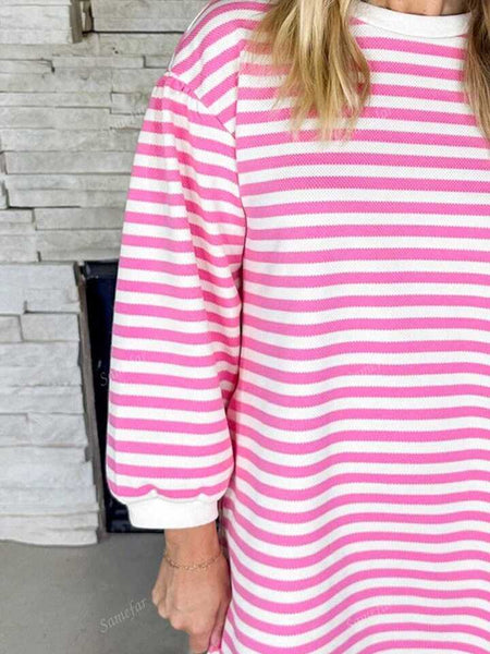 Pink and White Striped Puff Sleeve Dress with Pockets - Valentine Day