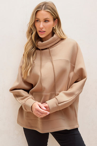 Khaki Cowl Neck Loose Fitting Pullover