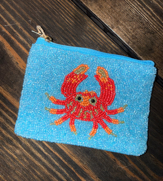 Crab Seed Bead Coin Purse with Zip Closure