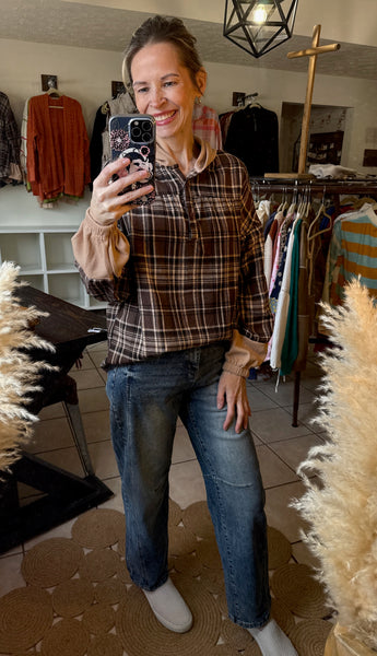 Brown Plaid Flannel Pullover with Contrasting Waffle Knit Hood