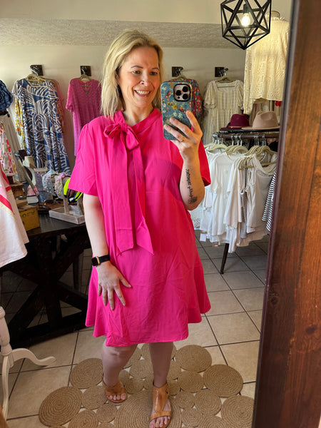 Bright Rose Pink Ribbon Tie Dress with Pockets