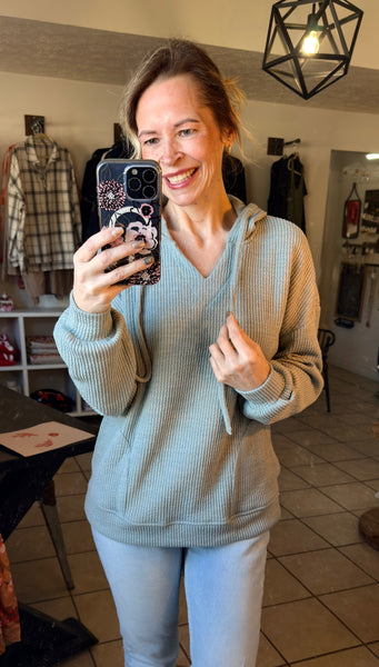 Aqua Ribbed Hooded Pullover