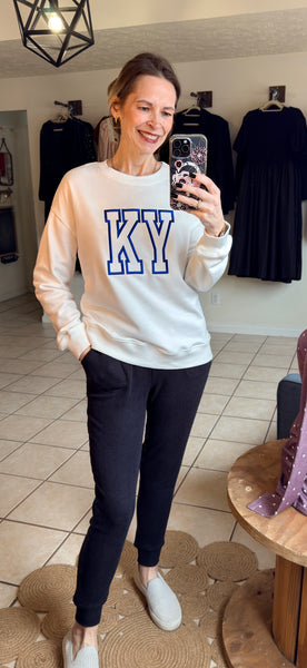 White Sweatshirt Pullover with Royal Blue KY embroidery
