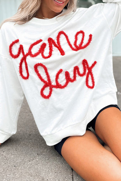 White Game Day Sweatshirt with Red Tinsel Lettering - Sports Mom - Basketball - Baseball - Football - Sports