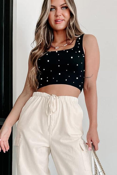 Black Ribbed Crop Top with Pearl Detailing