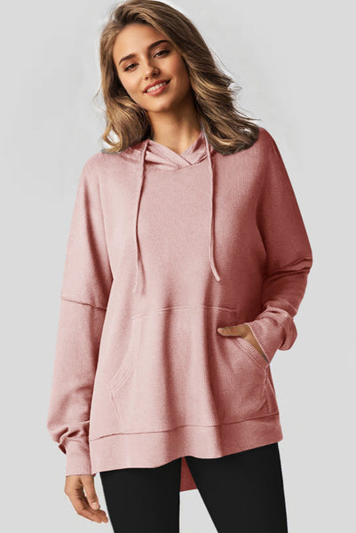 Pink Waffle Knit Hooded Pullover