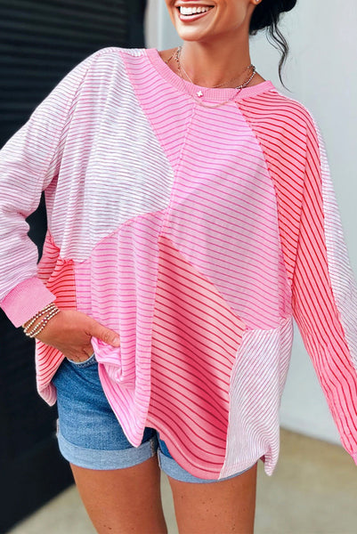 Pink Striped Colorblocked Long Sleeve Top with Exposed Seams
