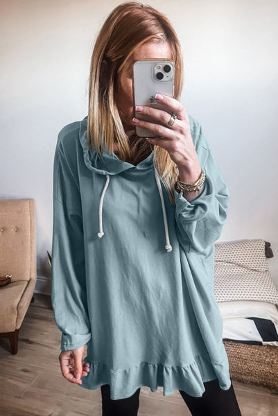 Light Blue Blue Ruffle Hem Hoodie Tunic