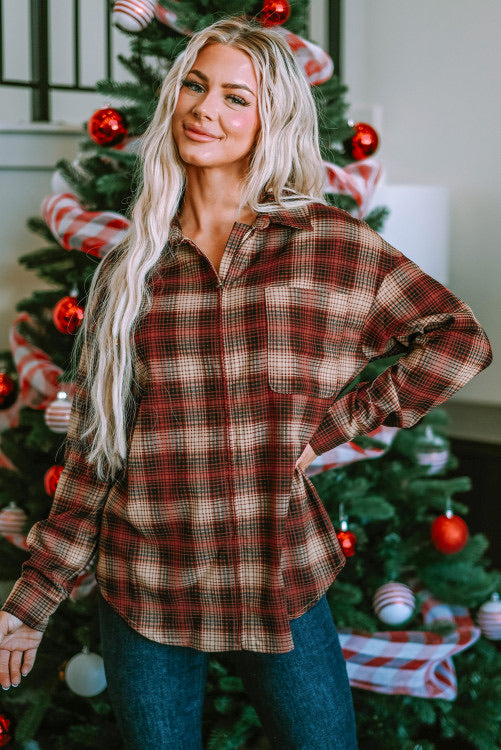 Brown and Red Plaid Super Soft Zip Up Shacket