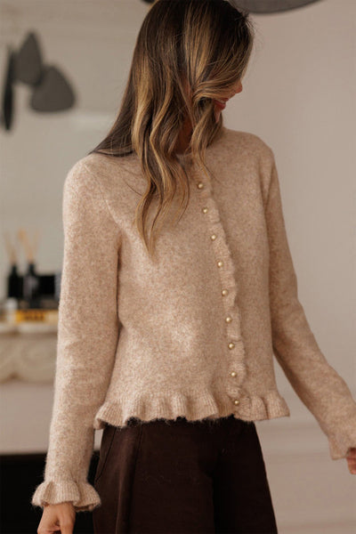 French Beige Ruffle Trim Cardigan with Gold Button Detailing