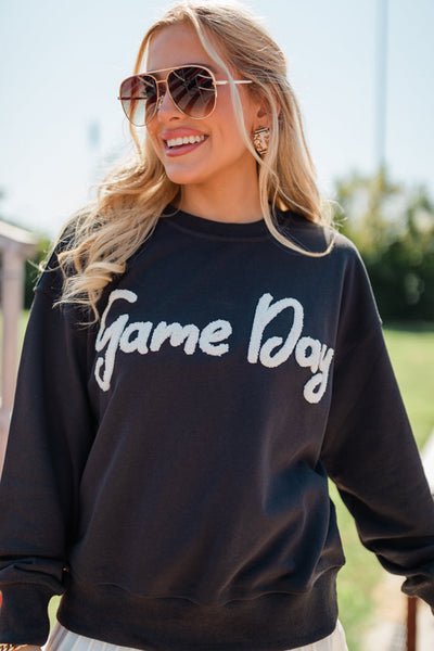 Black with White Chenille Game Day Graphic Sweatshirt Pullover - Sports Mom