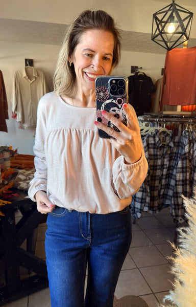 Beige Textured Long Sleeve Pleated Drop Shoulder Top with Elastic Waist Cinch