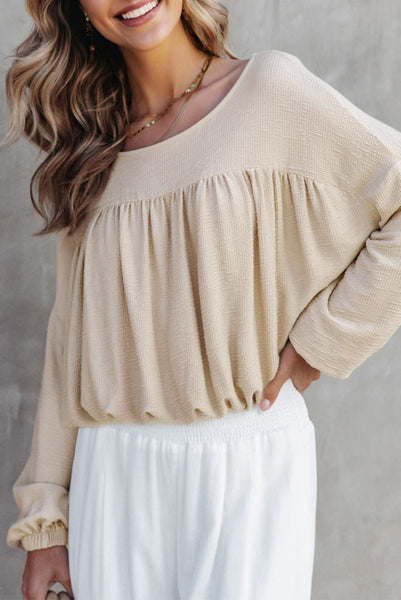 Beige Textured Long Sleeve Pleated Drop Shoulder Top with Elastic Waist Cinch