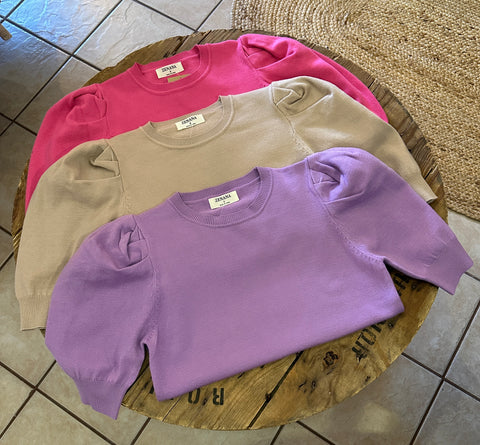 Puff Sleeve Lightweight Sweater - Multiple Colors - Lilac, Light Mocha, Pink