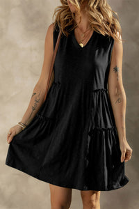 Black Flowy Sleeveless Dress with Tiered Ruffle Details