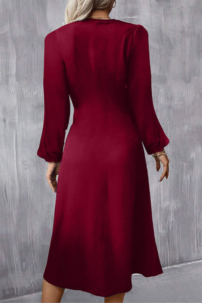 Burgundy Ruched Detail Long Sleeve Midi Dress