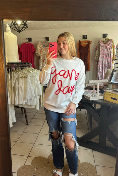 White Game Day Sweatshirt with Red Tinsel Lettering - Sports Mom - Basketball - Baseball - Football - Sports