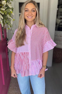 Colorblock Striped Button Up Top with Ruffle Hem and Sleeves