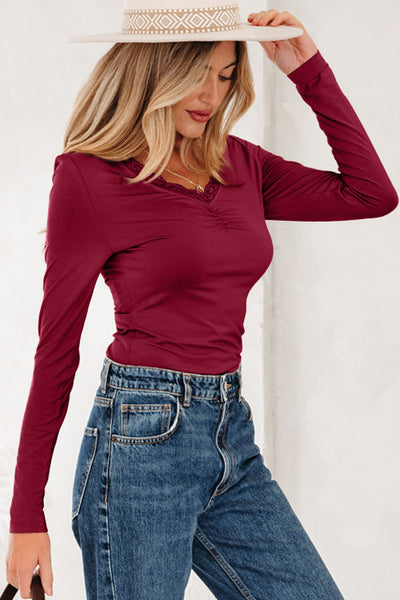 Red Dahlia Fitted Long Sleeve V-Neck Top with Lace Trim