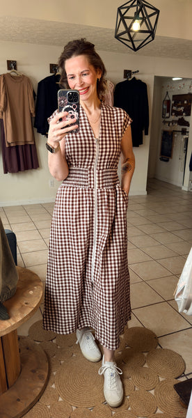Coffee Brown Gingham Shirred Waist Zip Up Maxi Dress