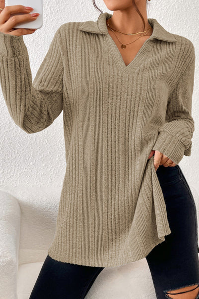 Heathered Taupe Collared Tunic with Side Slits - Ribbed