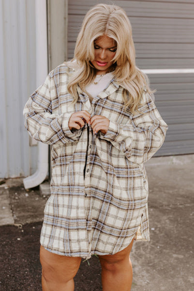 Curvy Cream and Blue Plaid Longer Length Shacket