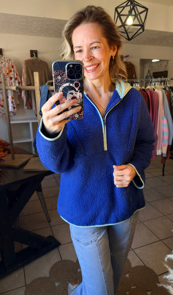 Royal Blue Sherpa Quarter Zip Pullover with Contrast Trim