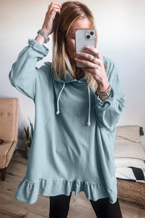 Light Blue Blue Ruffle Hem Hoodie Tunic