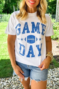 White GAME DAY Tee with Blue Distressed Lettering - Football - Sports Mom - Tailgating