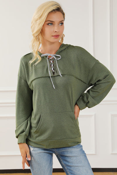 Green Lace Up Neck Hooded Pullover with Kangaroo Pocket