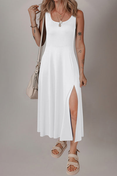 White Scoop Neck Tank Dress with Side Slit