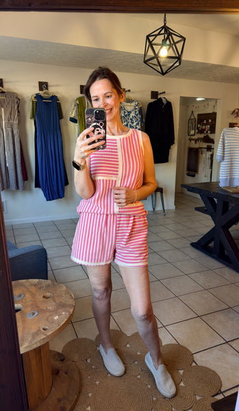 Pink and Cream Striped Patchwork Sleeveless Top and Shorts Set