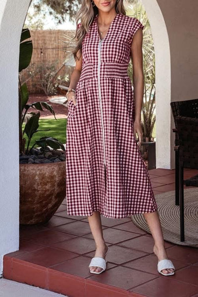 Red Gingham Shirred Waist Zip Up Maxi Dress